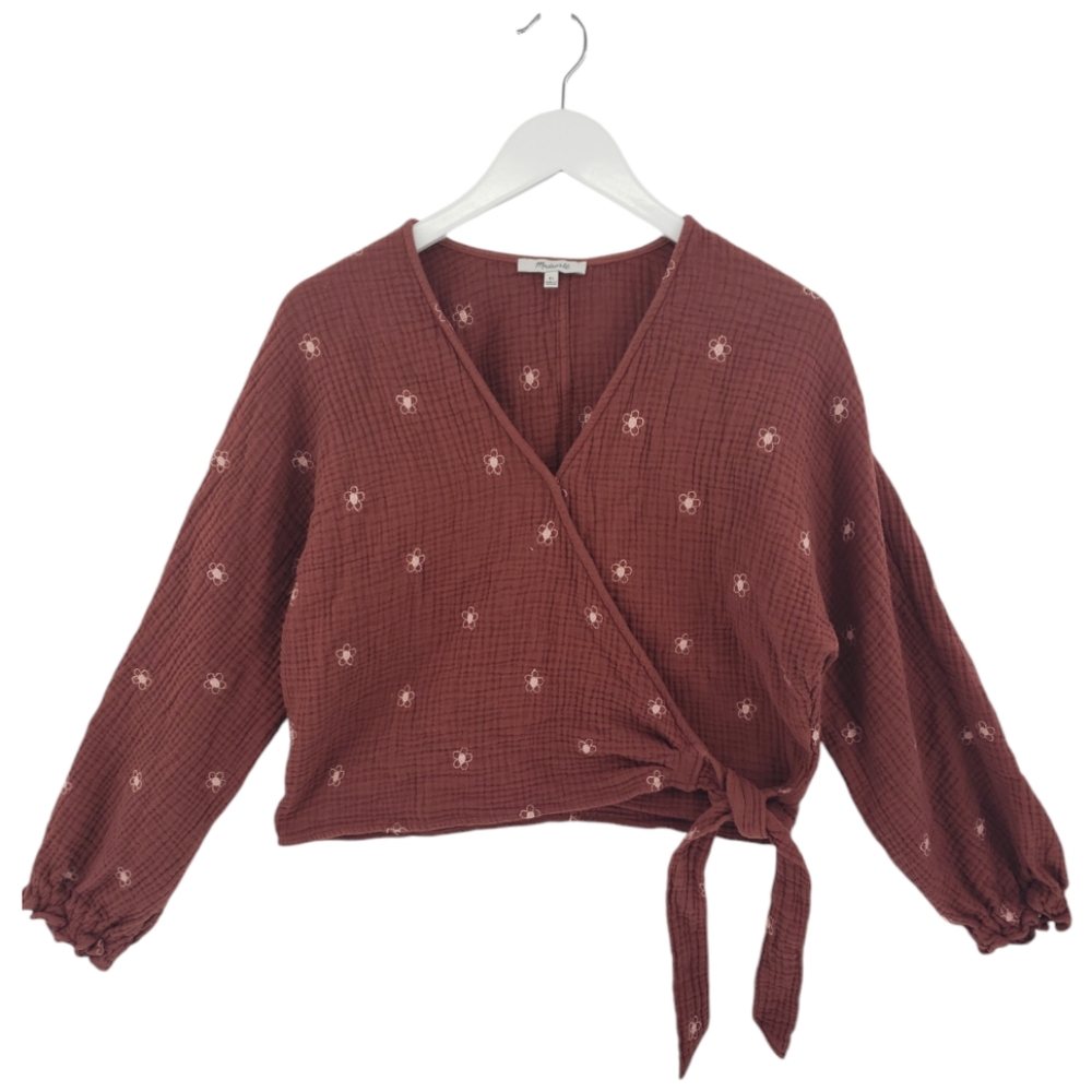 Madewell Lightspun Maira Wrap Top XL Floral Embroidery Cropped Long Sleeve - Picture 2 of 11
